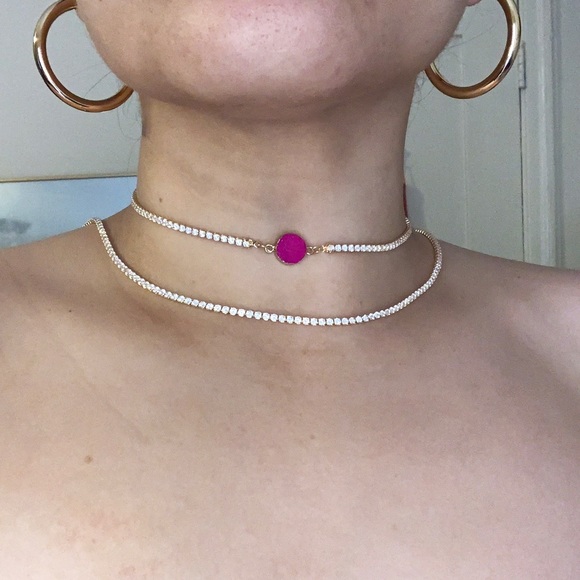 Fuchsia Hot Pink Druzy Tennis Choker - Picture 6 of 7